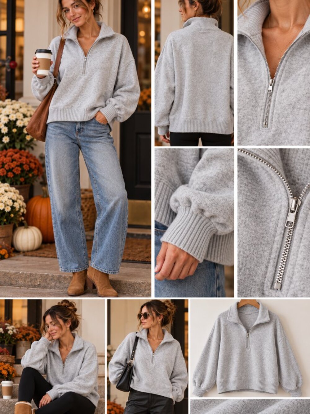 Aerie Gray Oversized Quarter Zip Pullover Sweatshirt Cozy Ribbed Trim M